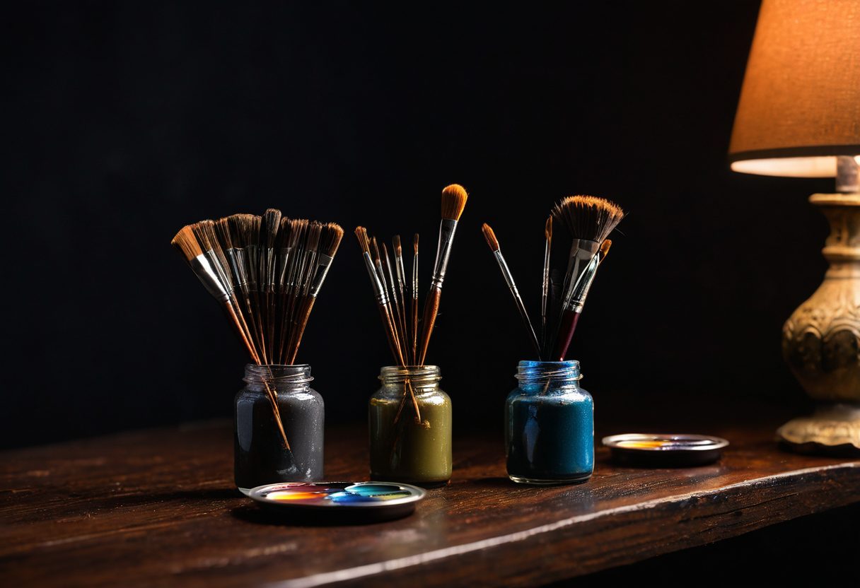 A hobbyist's painting desk: fine detail brushes standing in jars of paint under a warm lamp.